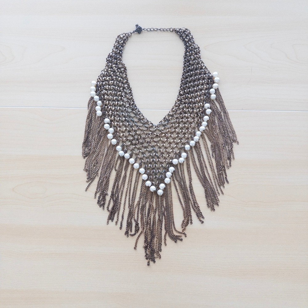 Boho Womens Bib Necklace OS Bronze Mesh Pearl Fringe Statement Chain Festival - Picture 3 of 7